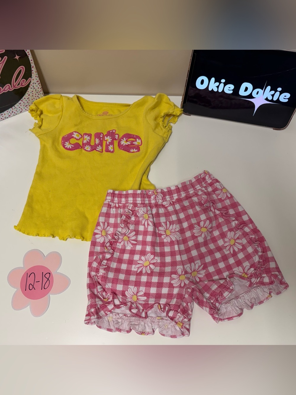 okie dokie Yellow Top with Pink Gingham Daisy Shorts